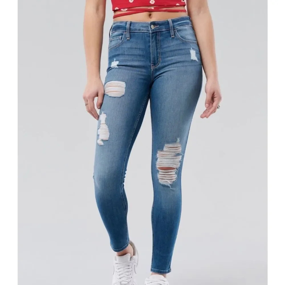 Hollister MID-RISE RIPPED MEDIUM WASH SUPER SKINNY JEANS sz W 24 L 27
